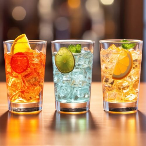 Collection of shots, each with orange syrup and a fruit topping.